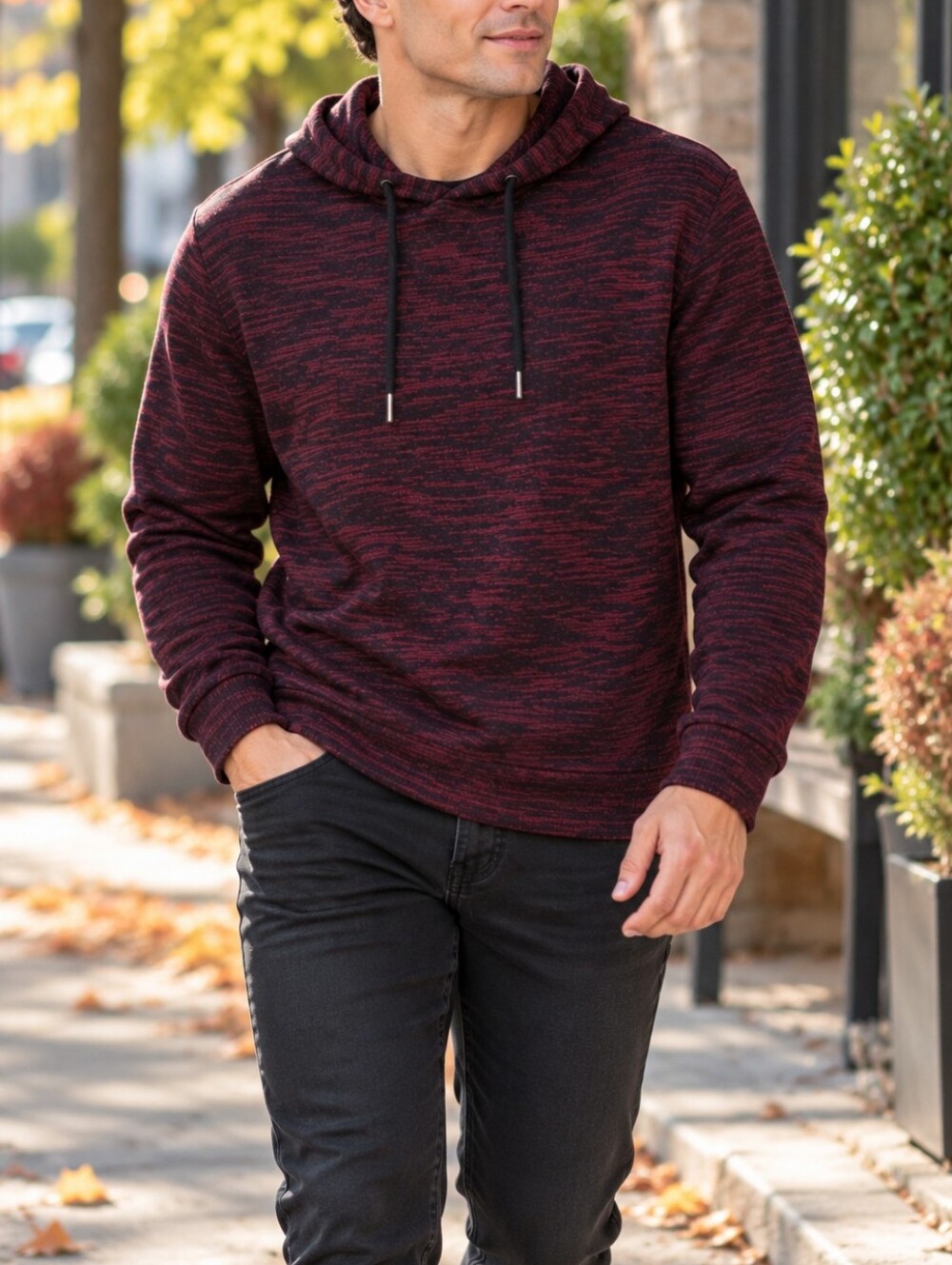 GUESS Men's Burgundy Black Marled Hooded Sweater Cotton Blend Hoodie Casual